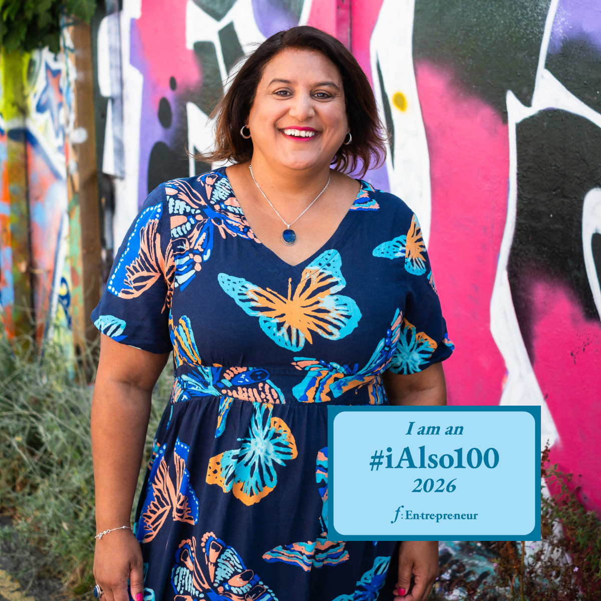 Mo Kanjilal f:Entrepreneur, Mo in blue dress against colourful background