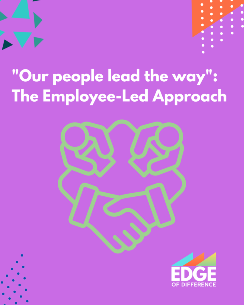 A vibrant purple branded graphic from Edge of Difference. White bold text reads: "Our people lead the way": The Employee-Led Approach. In the centre, a green outline icon shows two figures shaking hands, symbolising collaboration and mutual support. Decorative triangles in teal and dark green appear top left, with orange and white dot patterns top right.