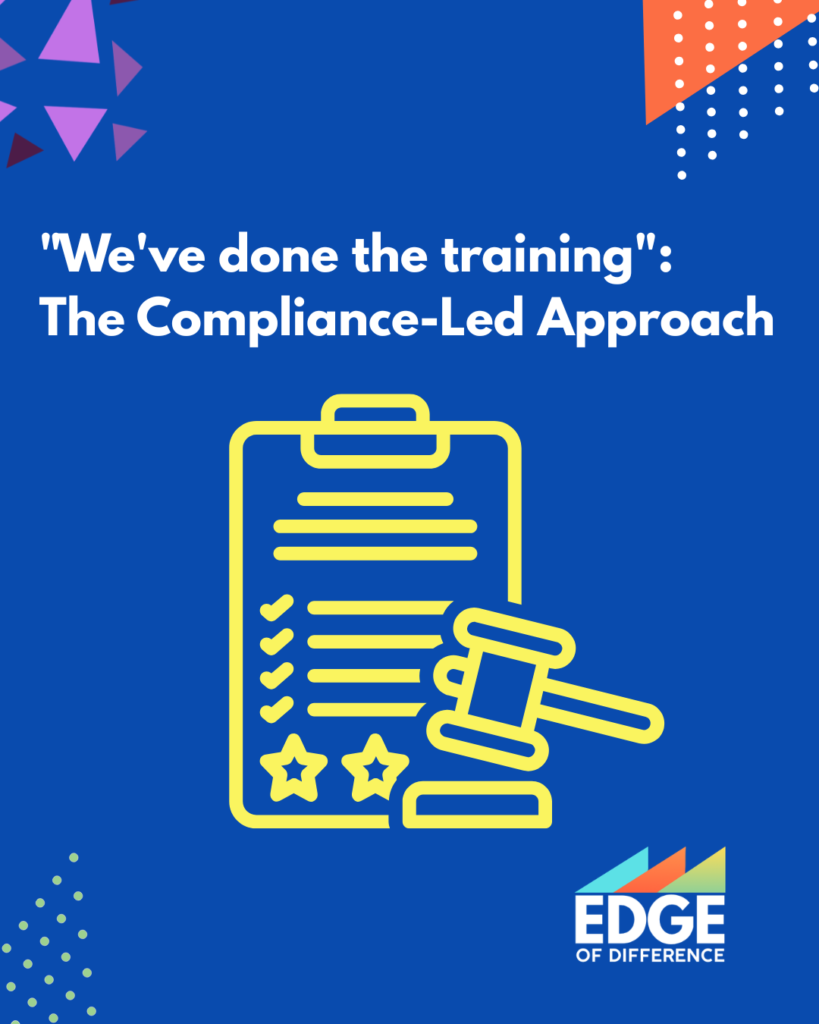 A deep blue branded graphic from Edge of Difference. White bold text reads: "We've done the training": The Compliance-Led Approach. In the centre, a yellow outline icon shows a clipboard with ticked checklist items, two stars at the bottom, and a gavel overlaid — evoking a sense of box-ticking and legal compliance rather than genuine change. Decorative purple triangles appear top left, with orange and white dot patterns top right.